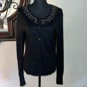 Garnet Hill Women’s Black Silk Cashmere Blend Sequin Collar Cardigan Large